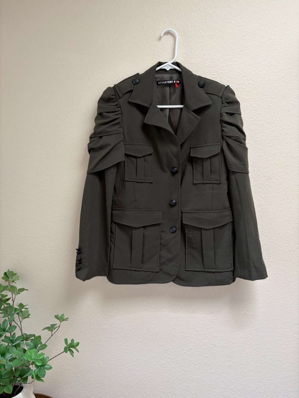 NWOT Literature Noir Olive Green Military-Style Jacket, Lapel Collar, Size Small